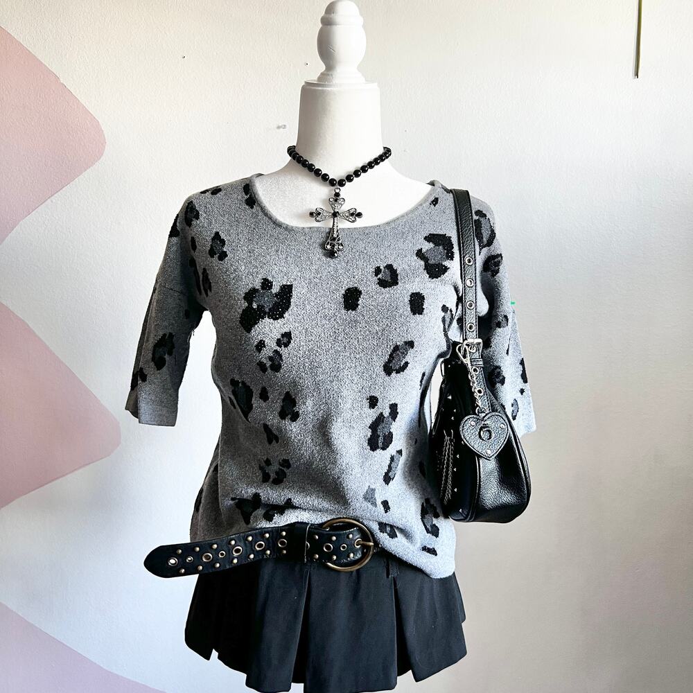 Gray Leopard Rhinestone Sweater, Y2K Glam,‎ Grunge, Baddie, Streetwear, Medium